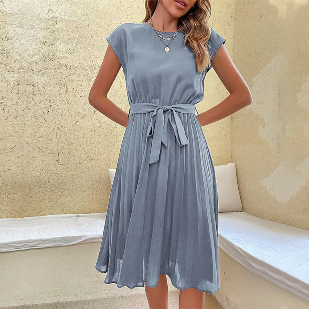 Midi dress with pleated skirt and tie belt