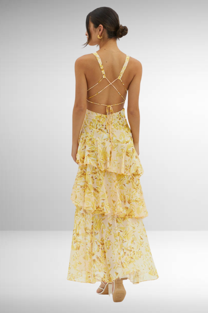 Maxi dress with V-neckline, layered ruffles, and floral print