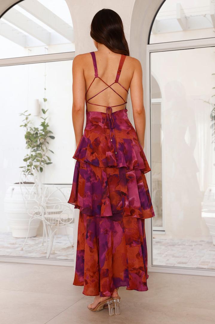 Maxi dress with V-neckline, layered ruffles, and floral print