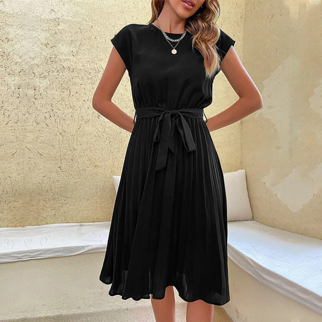 Midi dress with pleated skirt and tie belt