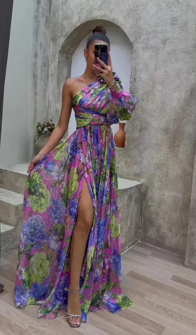 One-shoulder maxi dress with floral pattern and slit