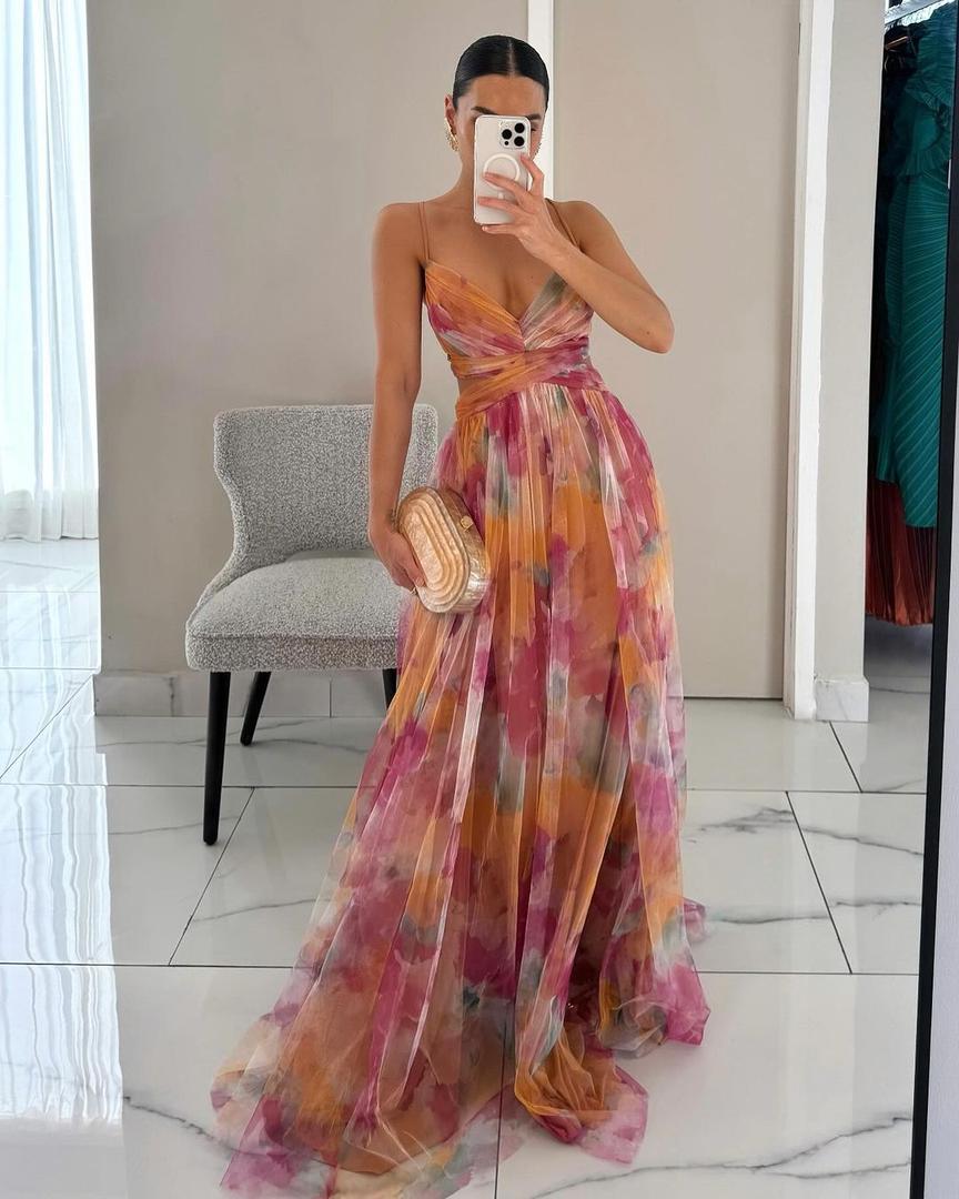 Pleated floral maxi dress with spaghetti straps and V-neckline