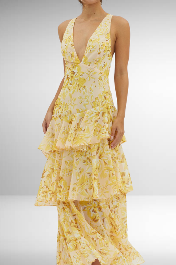 Maxi dress with V-neckline, layered ruffles, and floral print