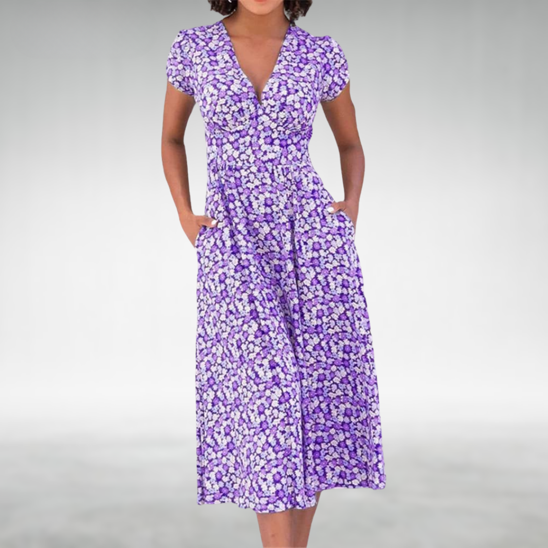 Summer floral midi dress with V-neckline