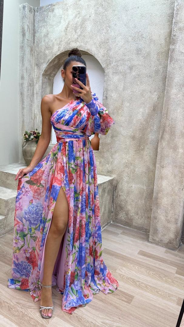 One-shoulder maxi dress with floral pattern and slit
