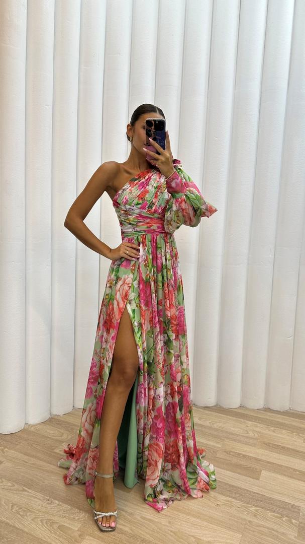 One-shoulder maxi dress with floral pattern and slit