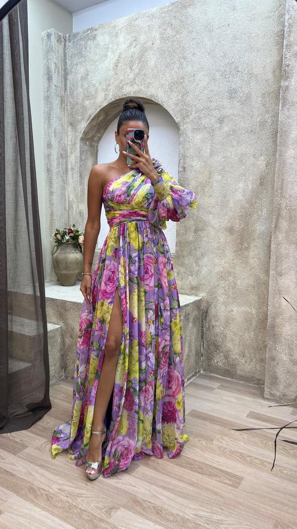 One-shoulder maxi dress with floral pattern and slit