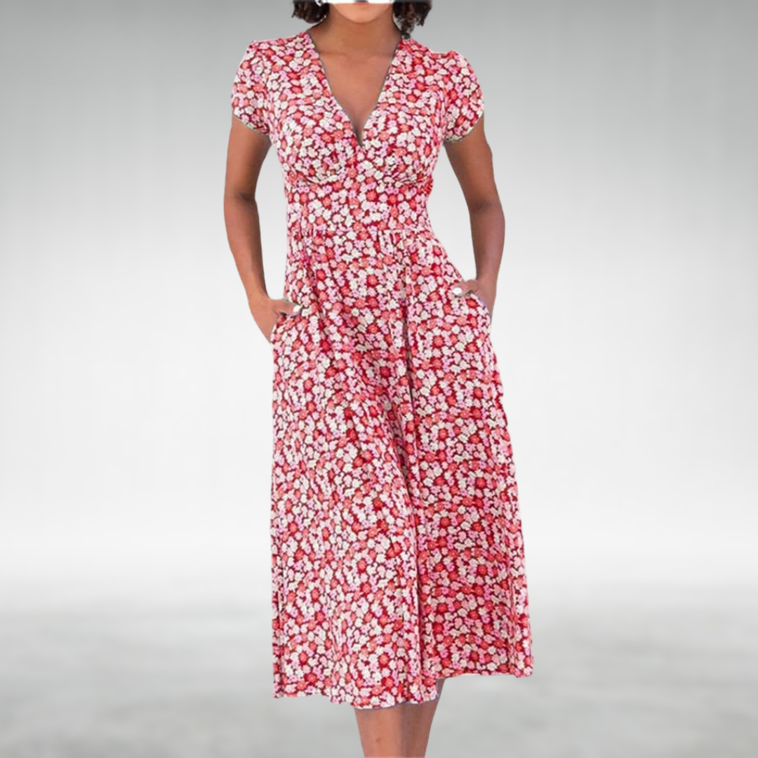 Summer floral midi dress with V-neckline