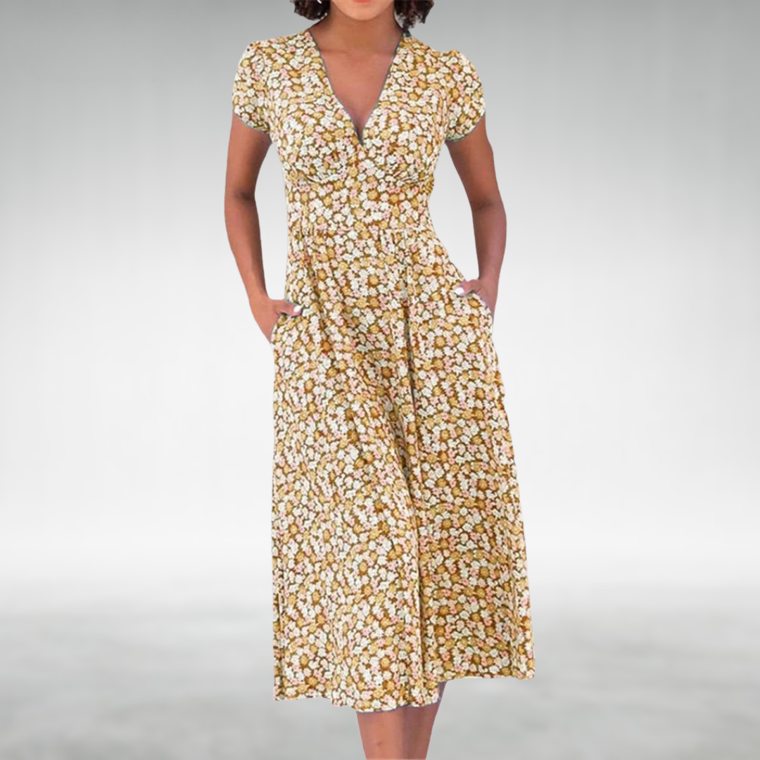 Summer floral midi dress with V-neckline
