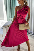 One-shoulder pleated midi dress
