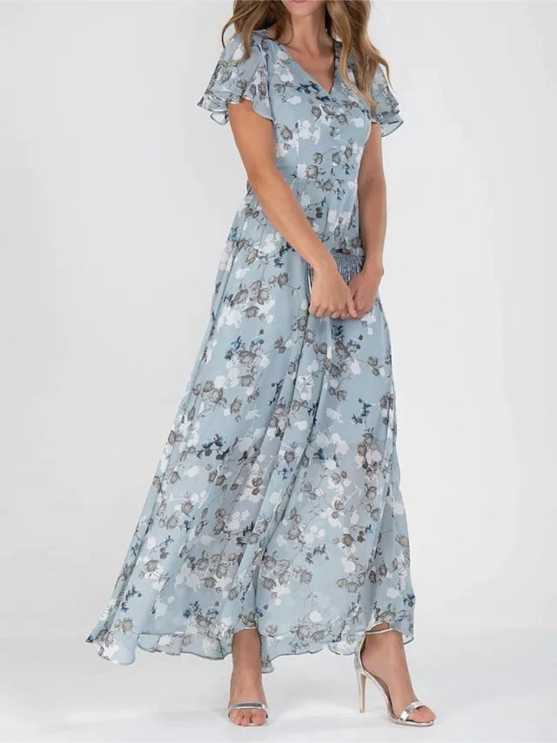 Maxi dress with floral print, V-neckline, and ruffled sleeves
