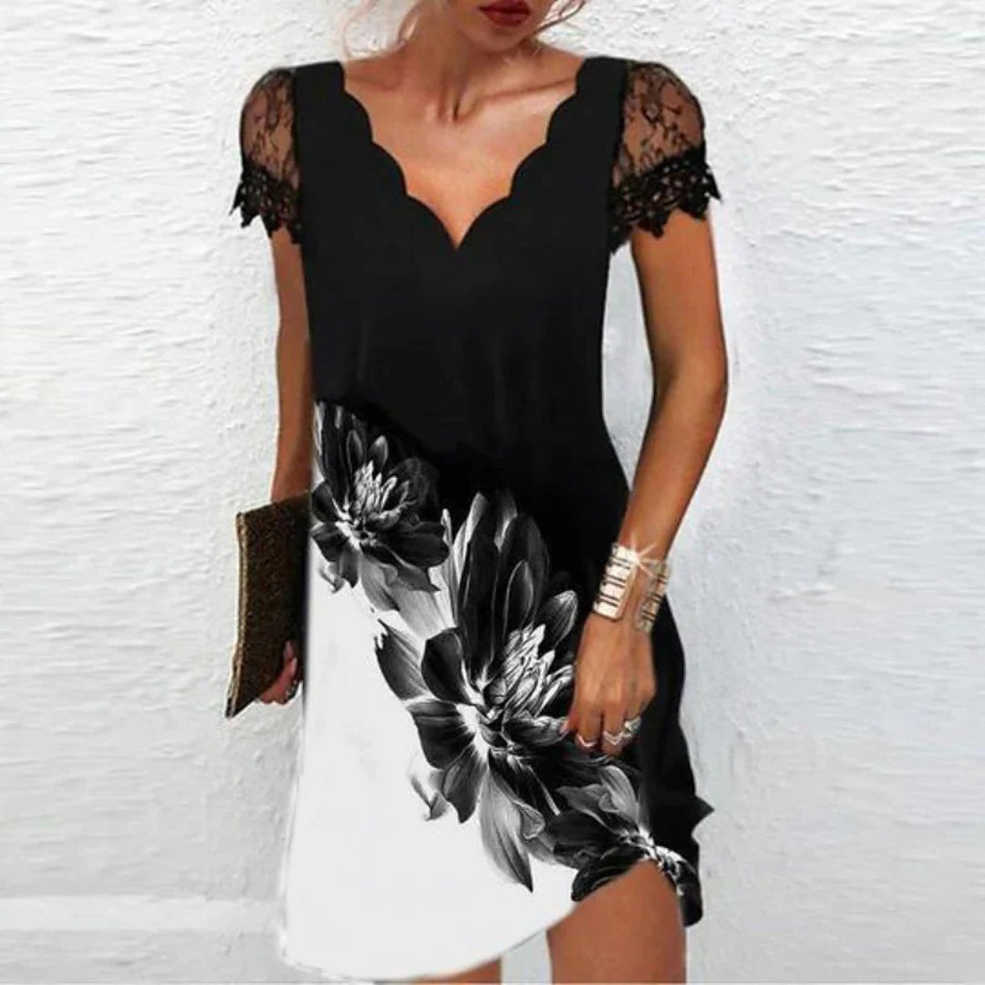 Midi dress with V-neck and short lace sleeves