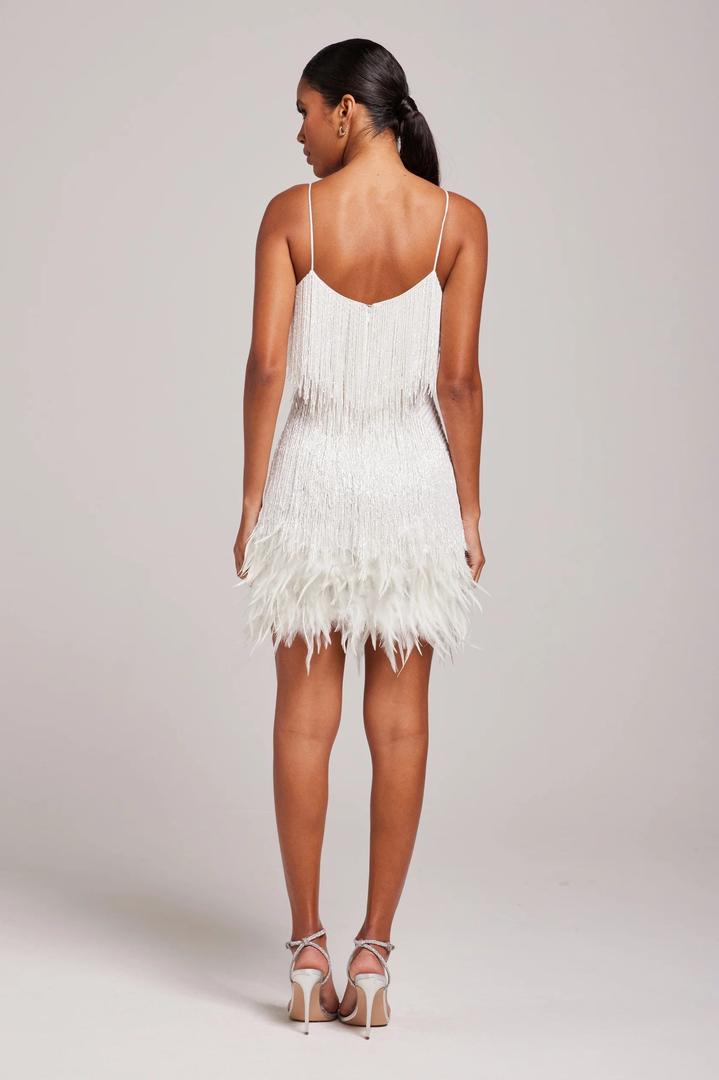 Sleeveless cocktail dress with fringes and feathers
