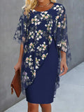 H-line dress with round neckline, floral print, and sheer layer