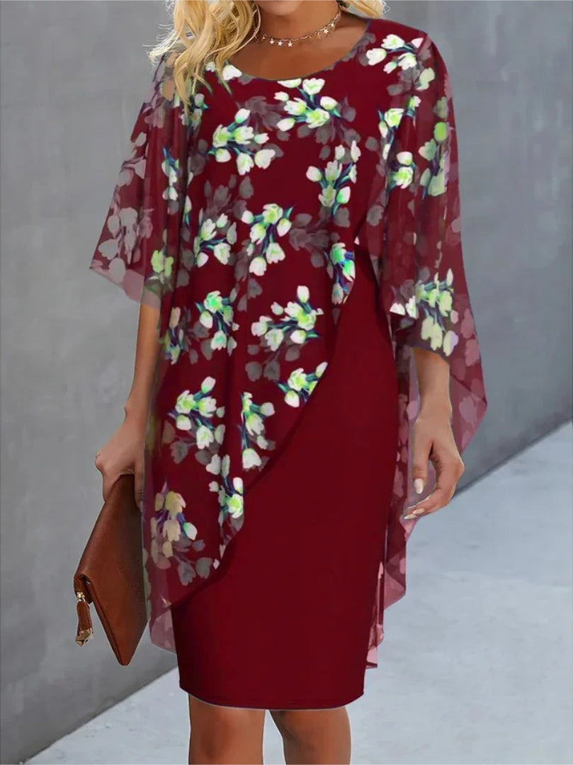 H-line dress with round neckline, floral print, and sheer layer