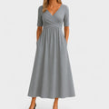 A-line midi dress with short sleeves and V-neckline