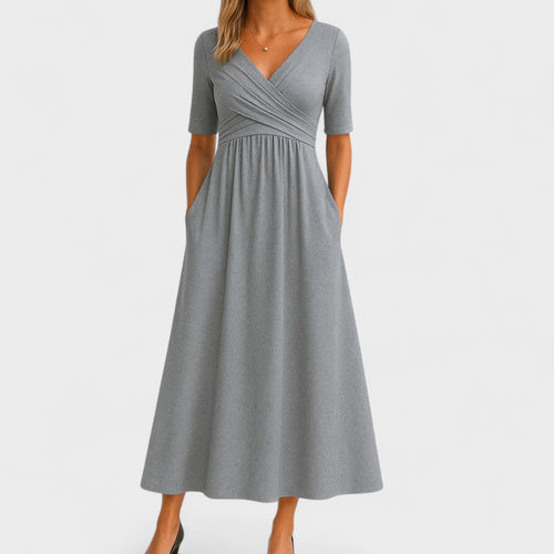 A-line midi dress with short sleeves and V-neckline
