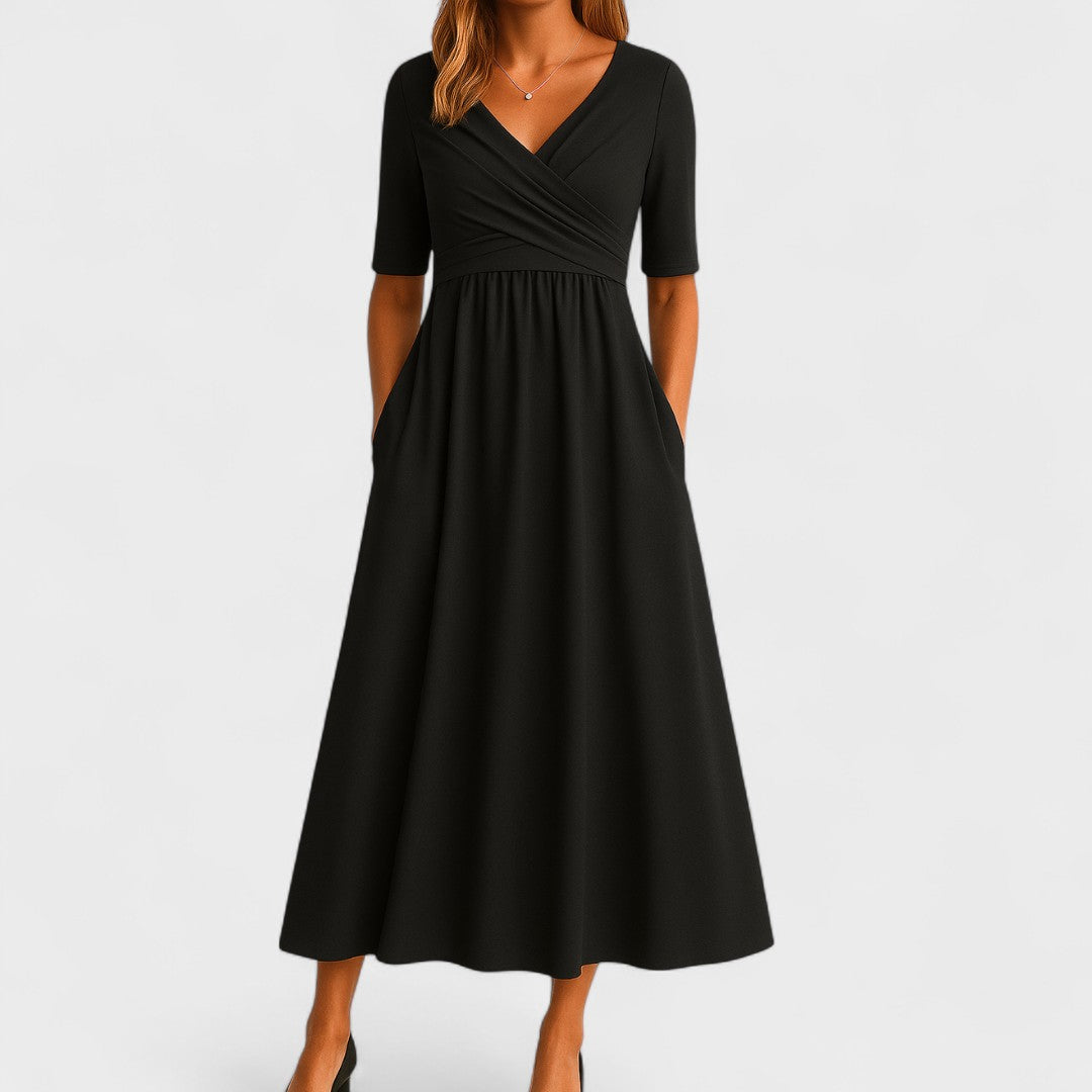 A-line midi dress with short sleeves and V-neckline