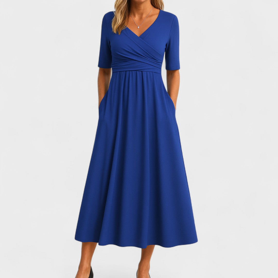 A-line midi dress with short sleeves and V-neckline