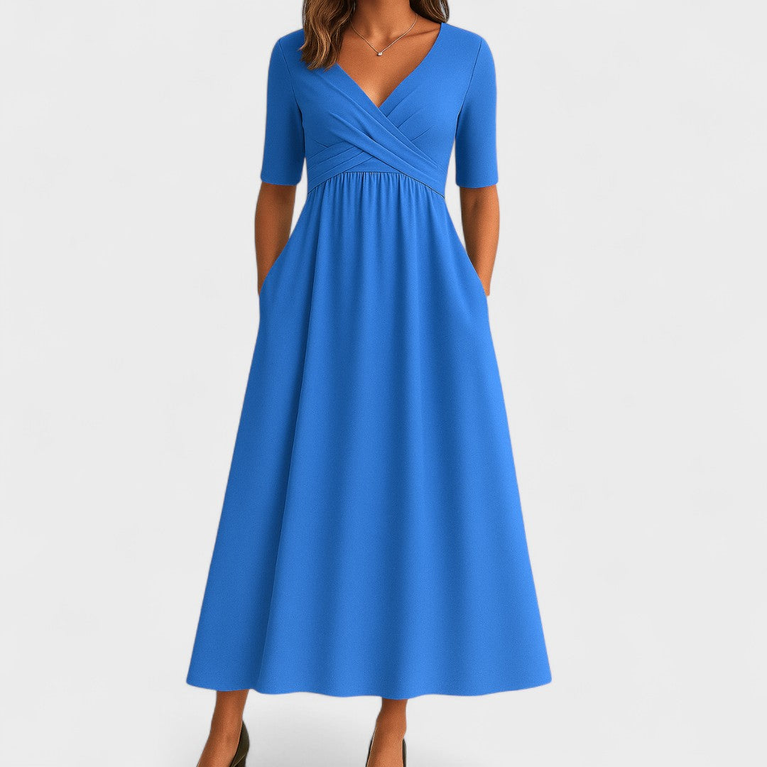 A-line midi dress with short sleeves and V-neckline