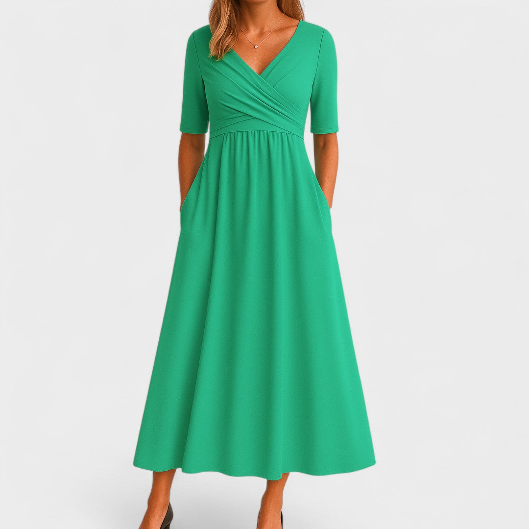 A-line midi dress with short sleeves and V-neckline