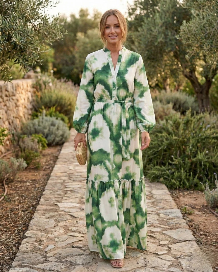 Layered maxi dress with long sleeves and waist tie