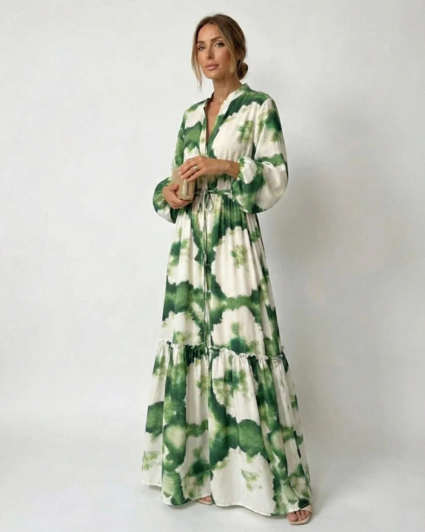 Layered maxi dress with long sleeves and waist tie