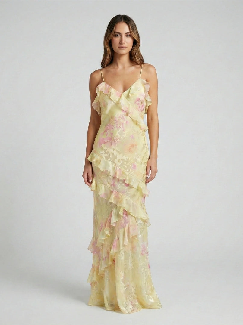 Floral maxi dress with ruffle and V-neck