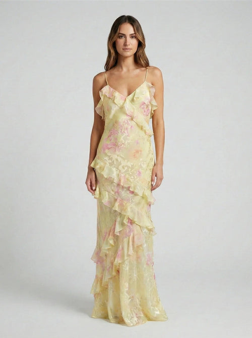 Floral maxi dress with ruffle and V-neck
