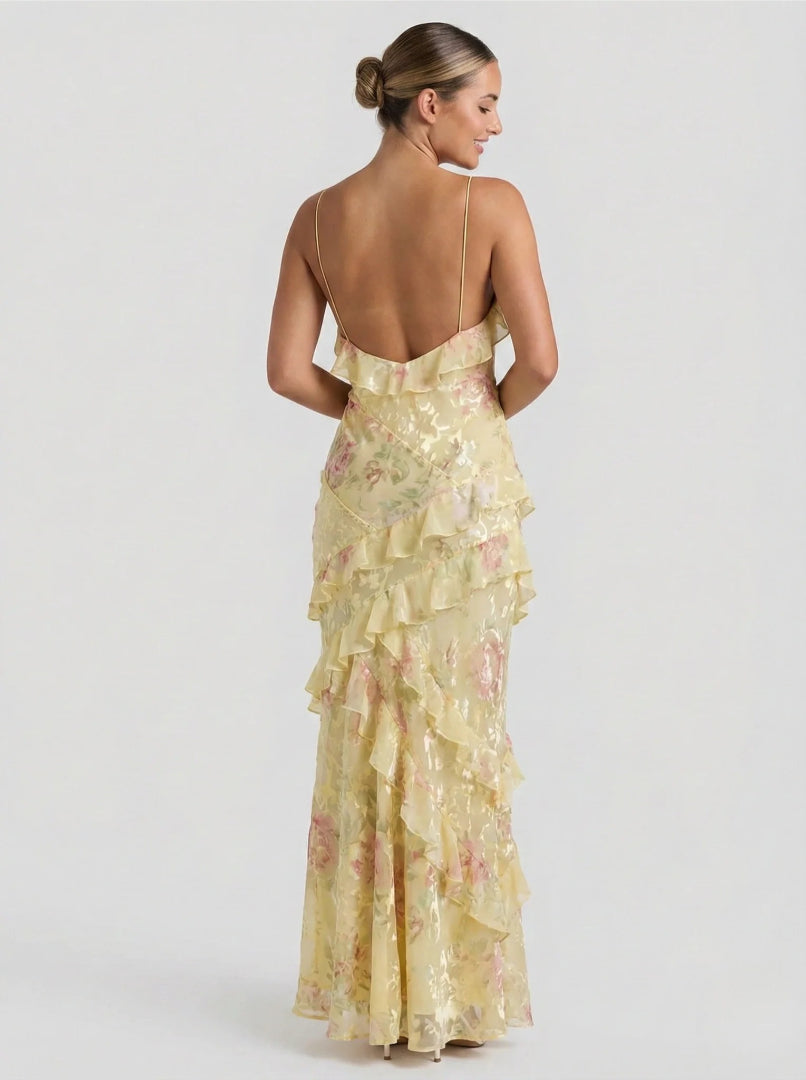 Floral maxi dress with ruffle and V-neck