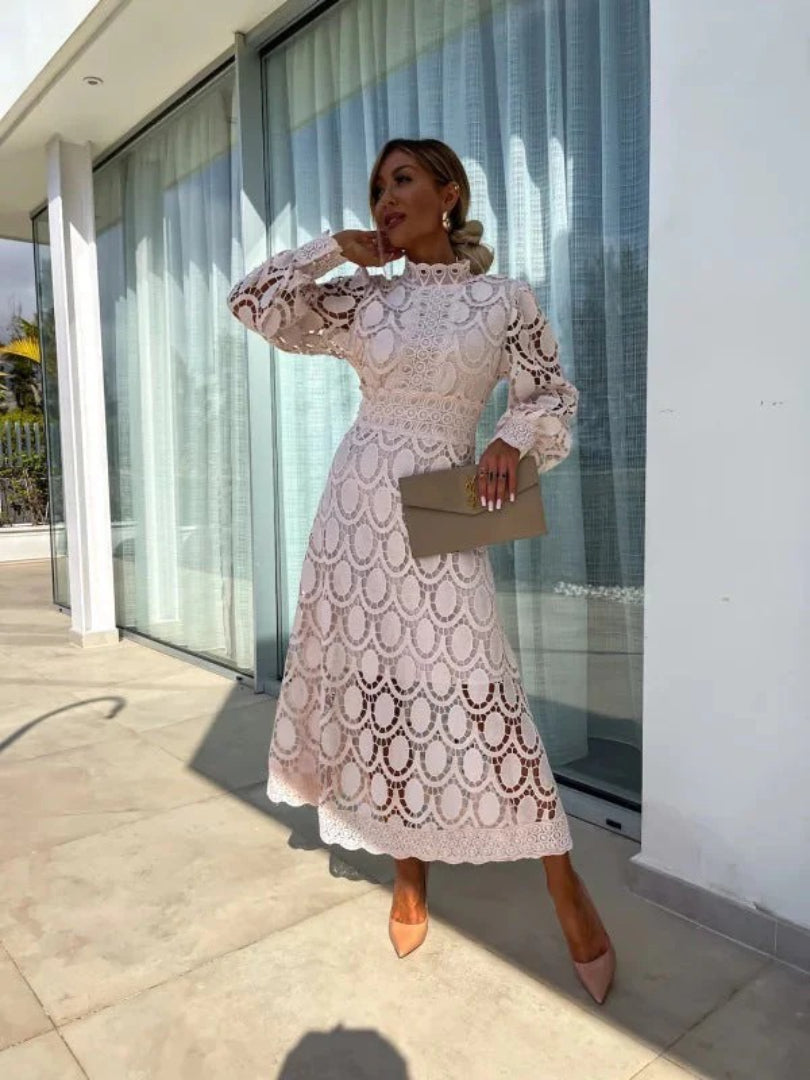 Lace midi dress with long sleeves and high neckline
