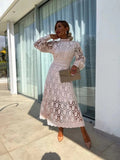 Lace midi dress with long sleeves and high neckline