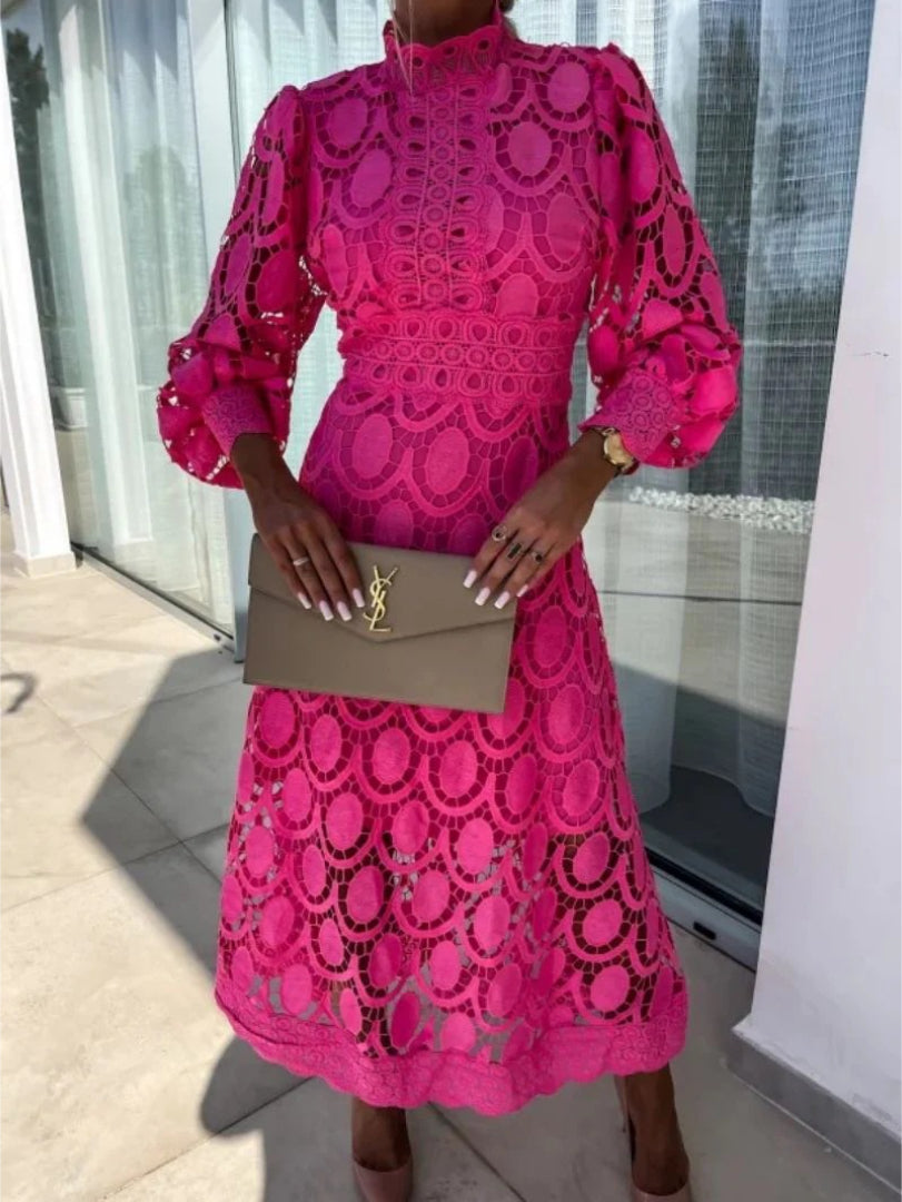 Lace midi dress with long sleeves and high neckline