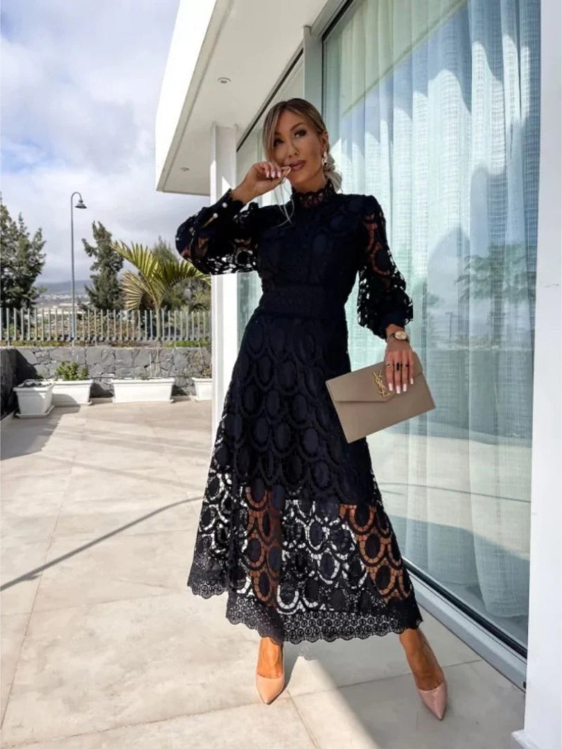 Lace midi dress with long sleeves and high neckline