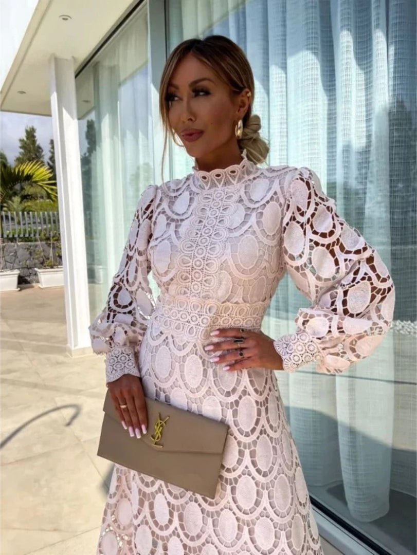 Lace midi dress with long sleeves and high neckline