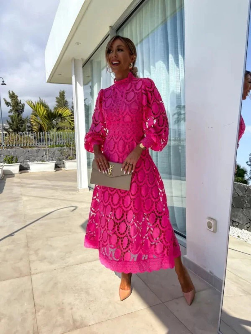 Lace midi dress with long sleeves and high neckline