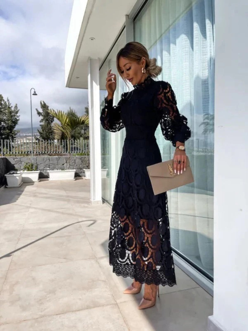 Lace midi dress with long sleeves and high neckline