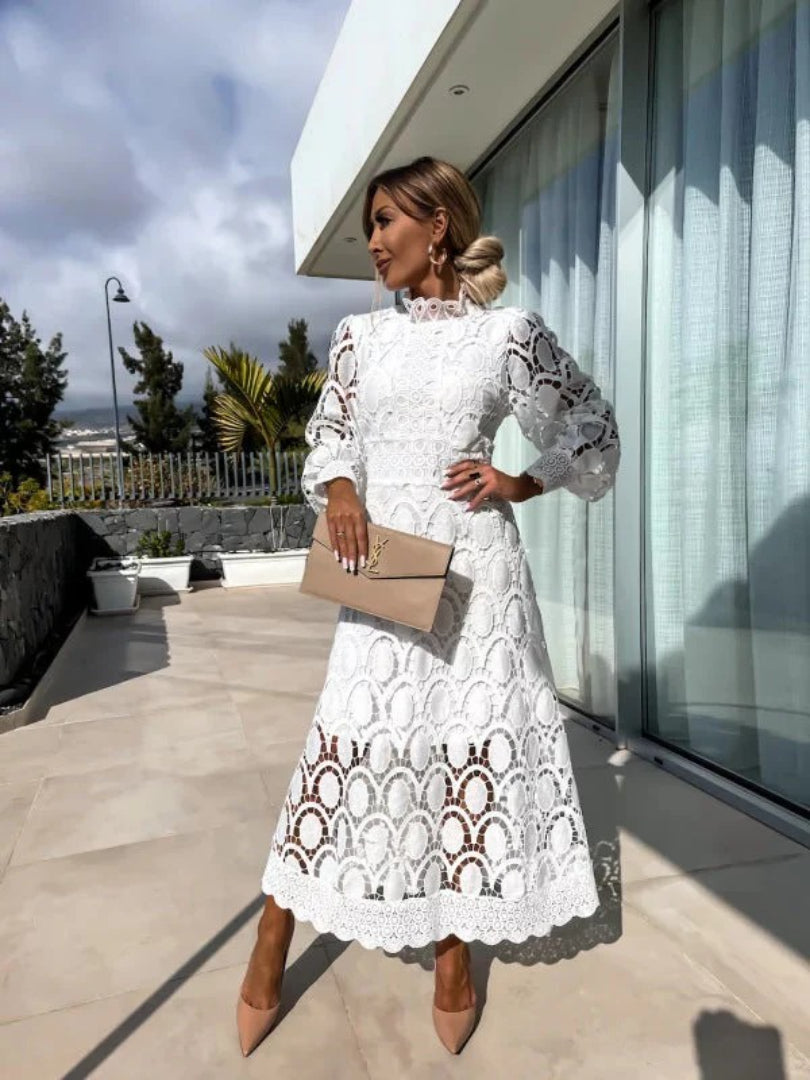 Lace midi dress with long sleeves and high neckline