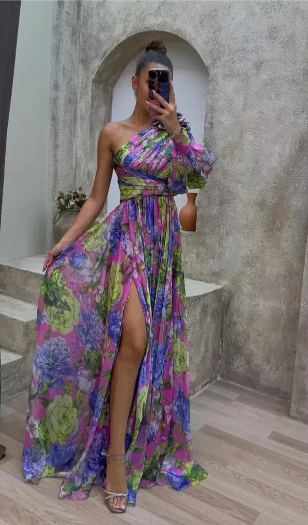 Floral one-shoulder maxi dress with high slit