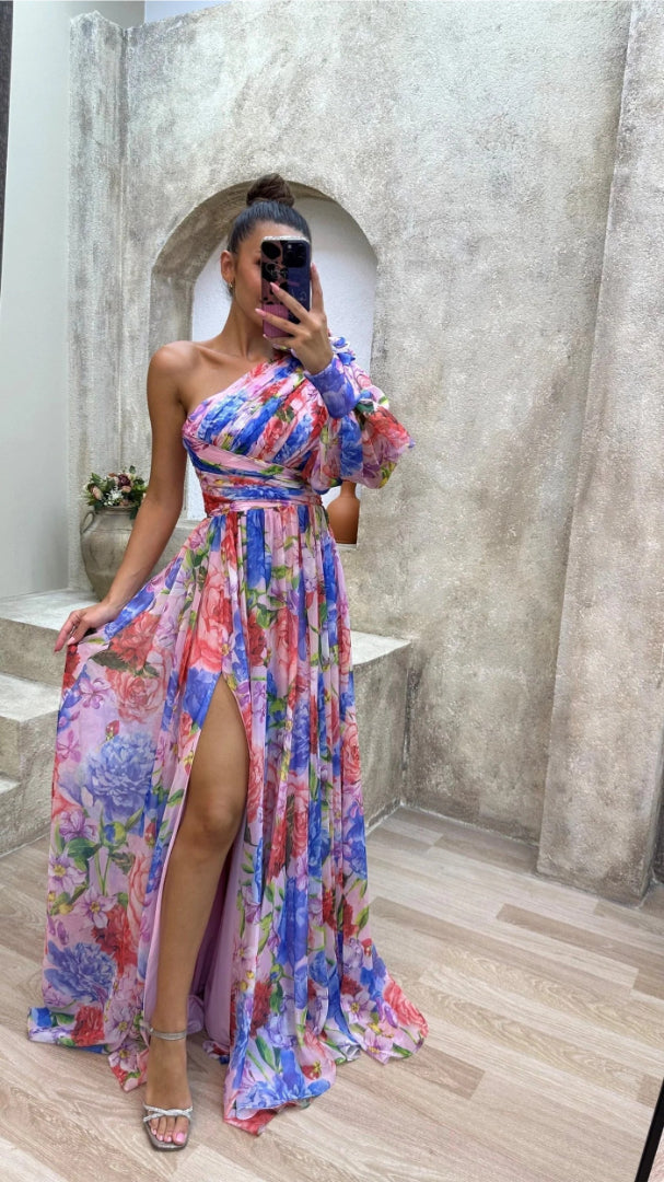 Floral one-shoulder maxi dress with high slit