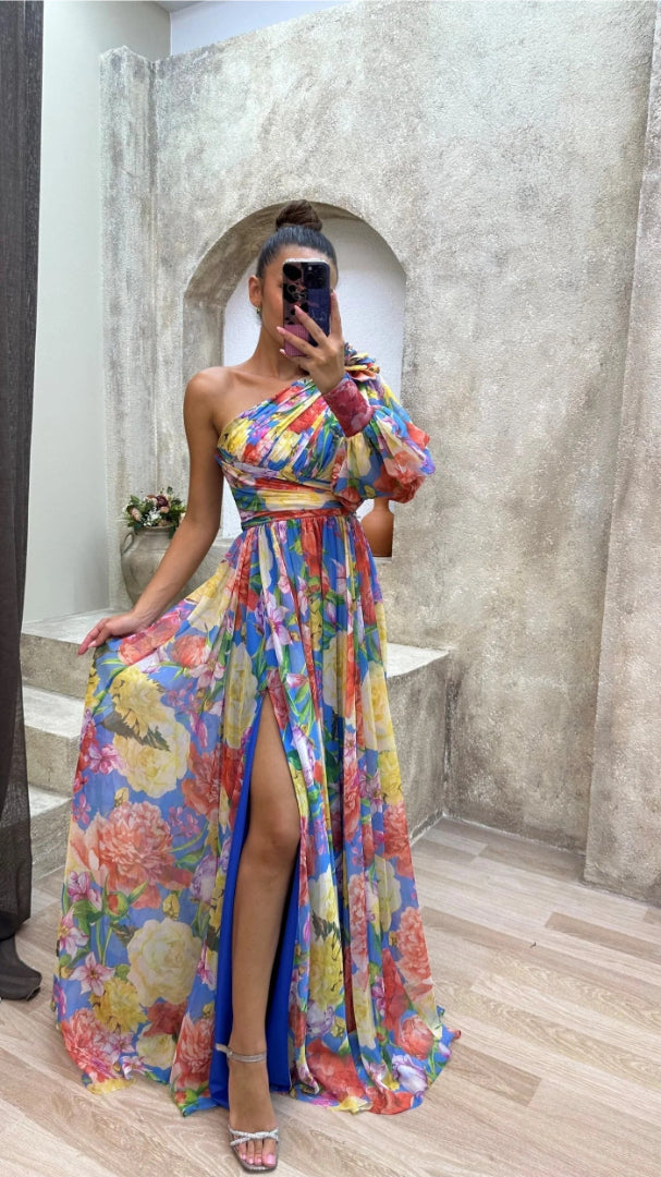 Floral one-shoulder maxi dress with high slit