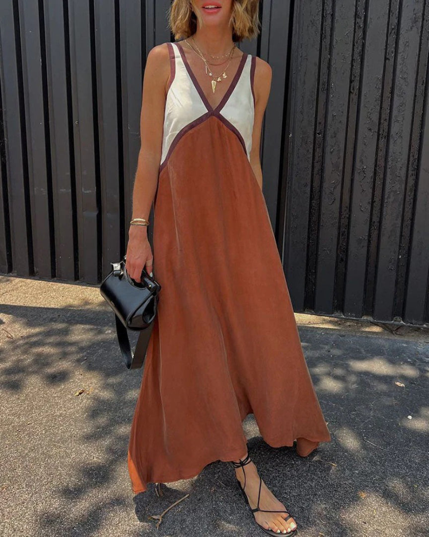 Contrast sleeveless maxi dress with V-neck