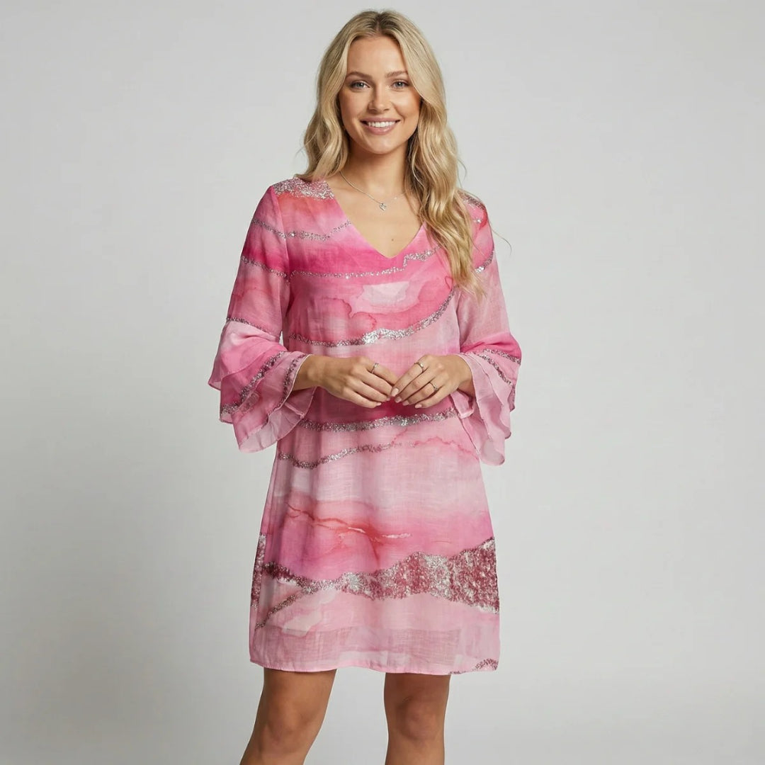 Printed mini dress with V-neck and ruffled sleeves