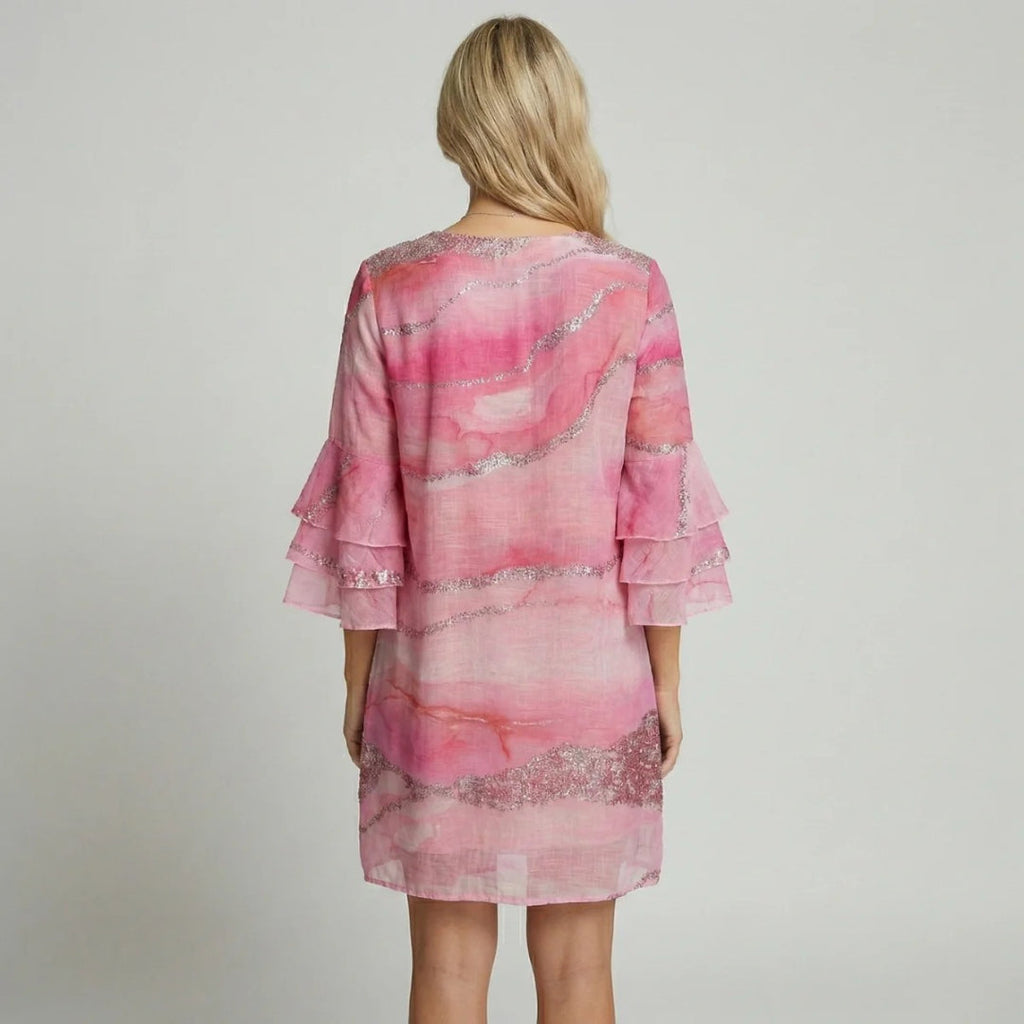 Printed mini dress with V-neck and ruffled sleeves