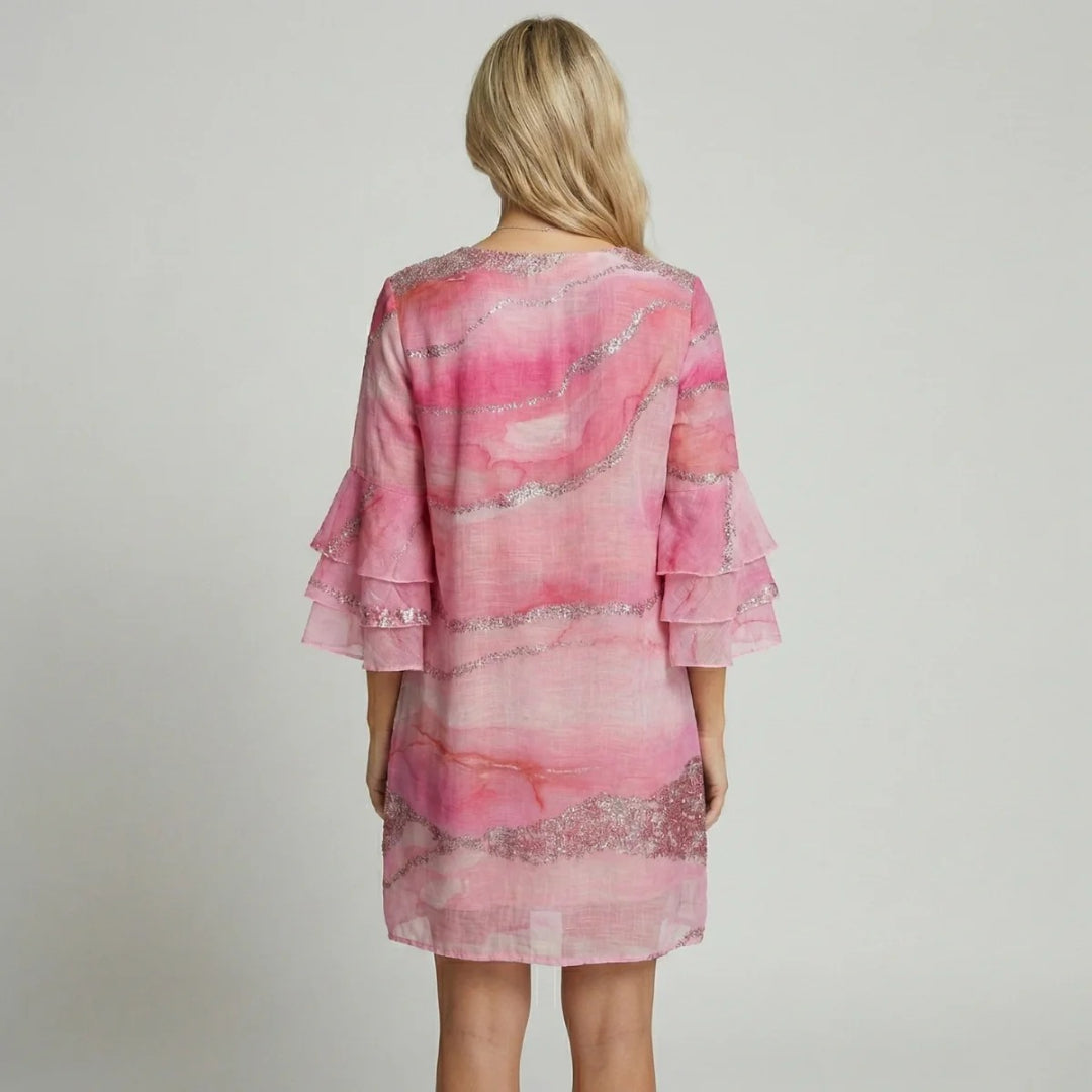 Printed mini dress with V-neck and ruffled sleeves