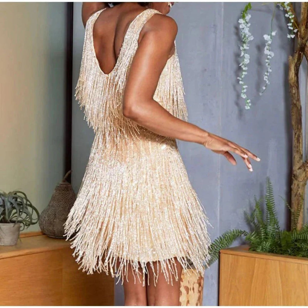 Mini dress with fringes and feathers