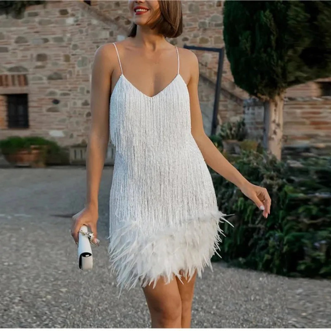 Mini dress with fringes and feathers