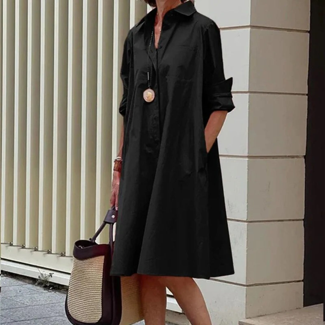 Loose shirt dress with collar and long sleeves