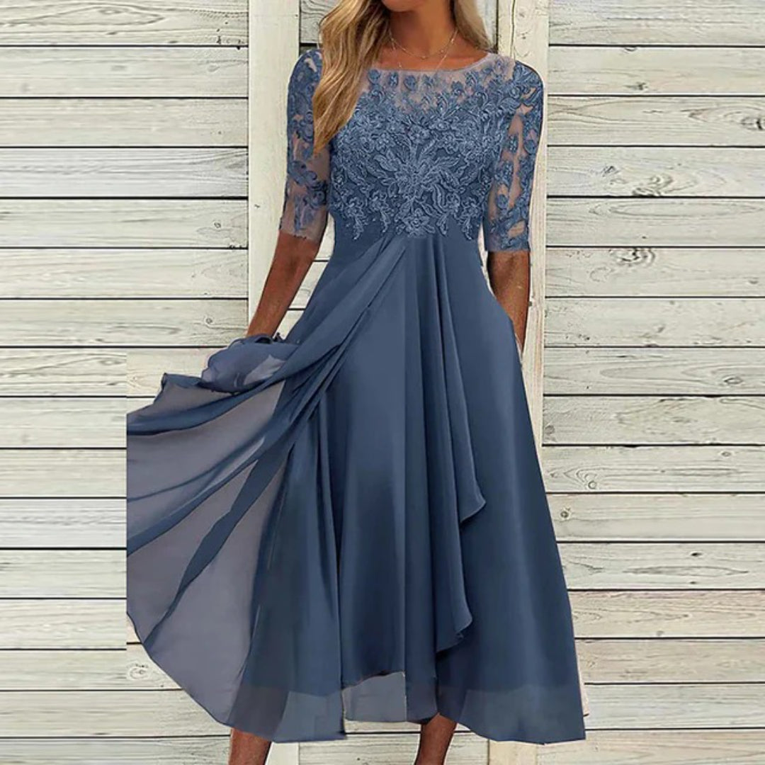 Midi dress with lace corset and semi-transparent sleeves