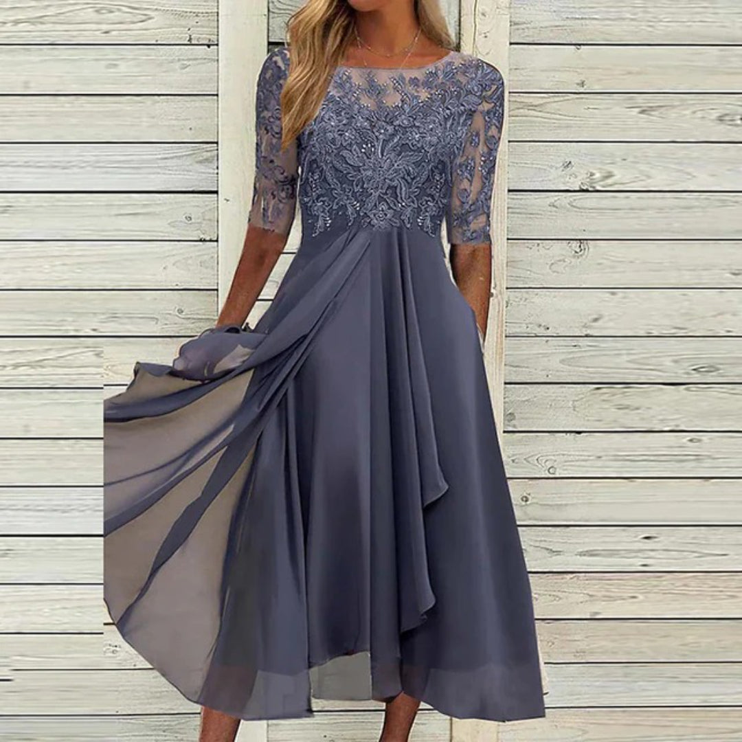 Midi dress with lace corset and semi-transparent sleeves
